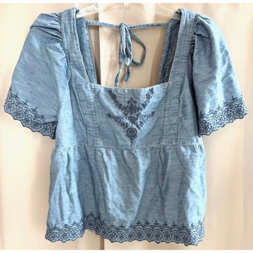 Old Navy Women Top Small‎ Blue Floral Embroidered Boho Prairie Western 17821